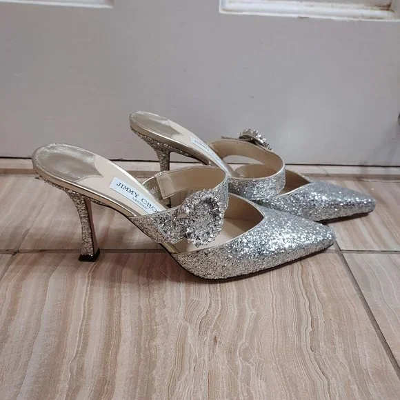 Jimmy Choo Silver Sparkle Glitter Wedding Crystal Buckle Marta Heel Mules - Picture 10 of 10